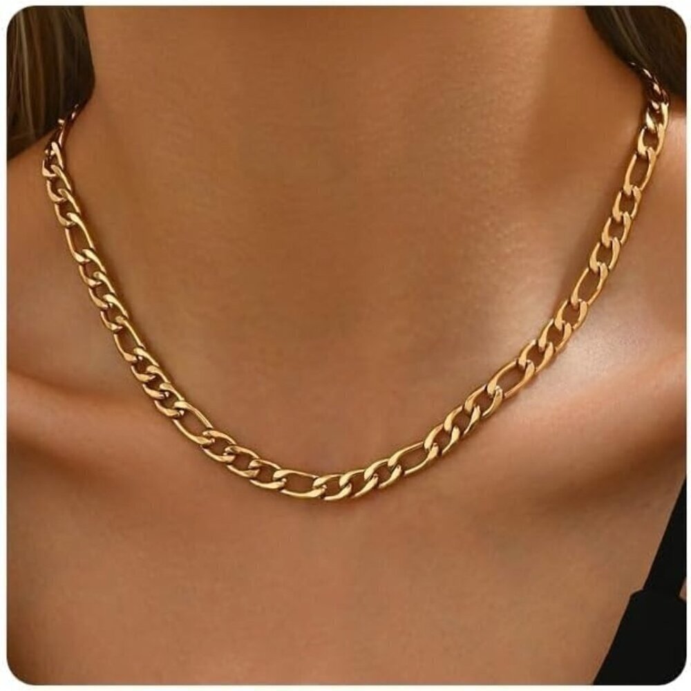 🆕 Women Gold Chunky Chain Necklace Thick Cuban Curb Gemstone Pendant Jewelry